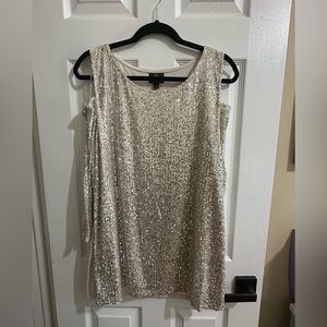 Silver sequined 3/4 cold shoulder top